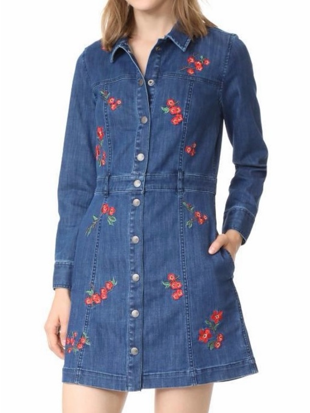 Madewell Denim Button Shirt Dress with Red Floral Embroidery
